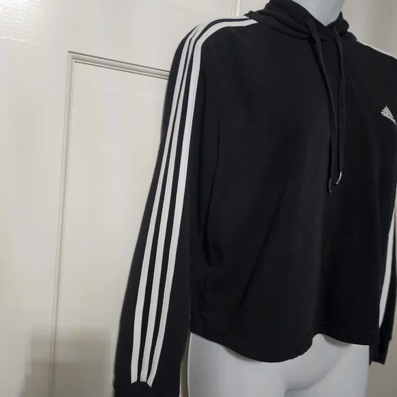Adidas Women's Black Hoodie with White Sleeve Stripes - Picture 2 of 3